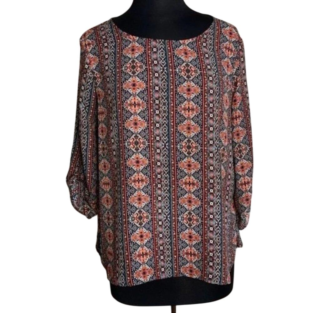 Hippie Rose Boho Blouse Tab Button Sleeves Size XL